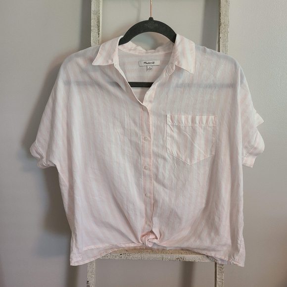 Madewell Tops - Madewell small pink white stripe button down front knot dolman sleeve top